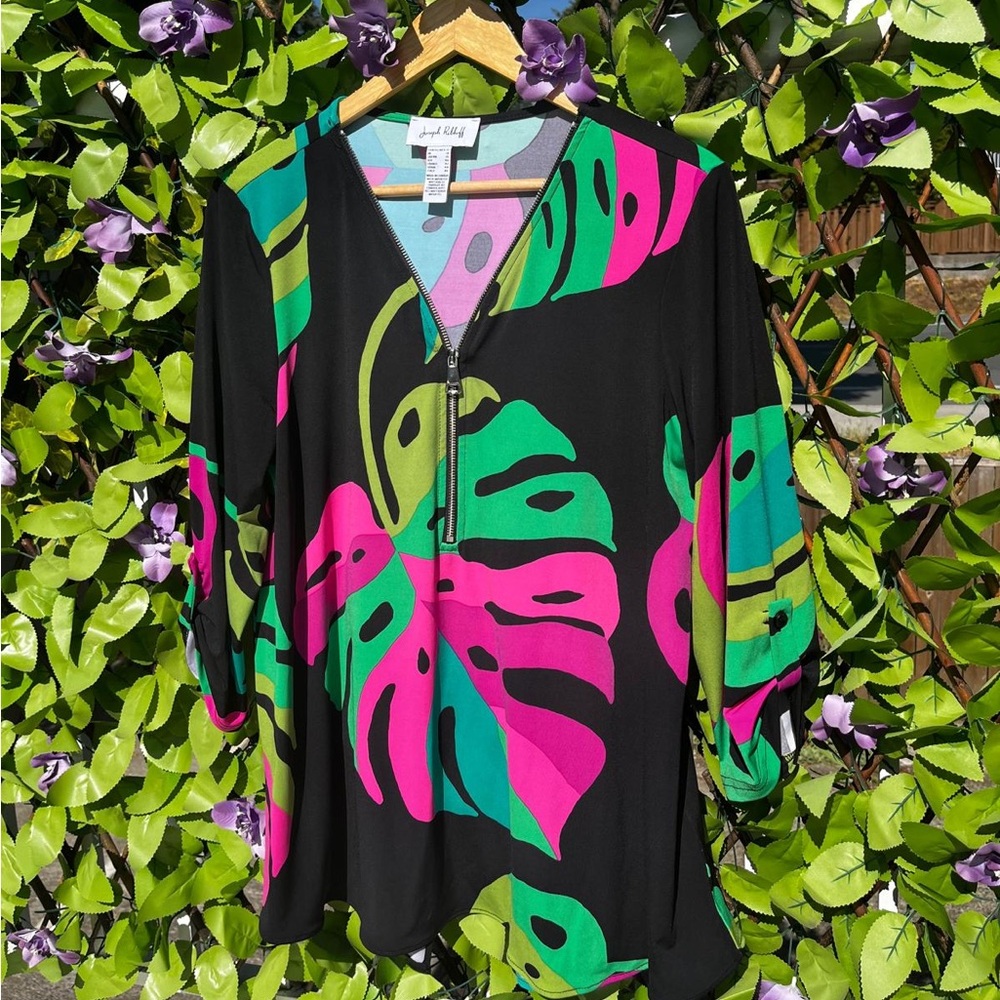 Joseph Ribkoff Black Tunic with Fuchsia and Emerald Leaf Print